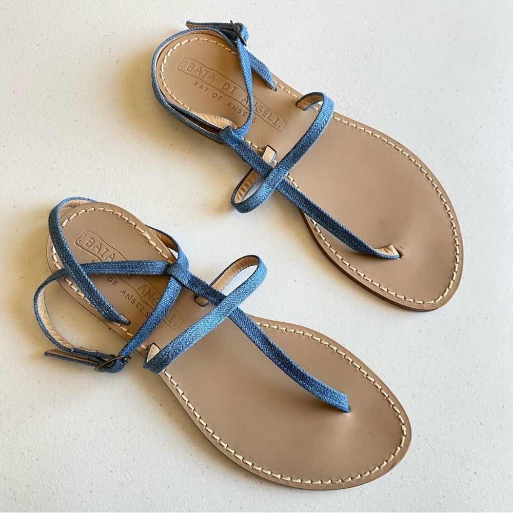 Baia Di Angeli Size 40 Blue Jean Strappy Thong Ankle Buckle Strap Sandal